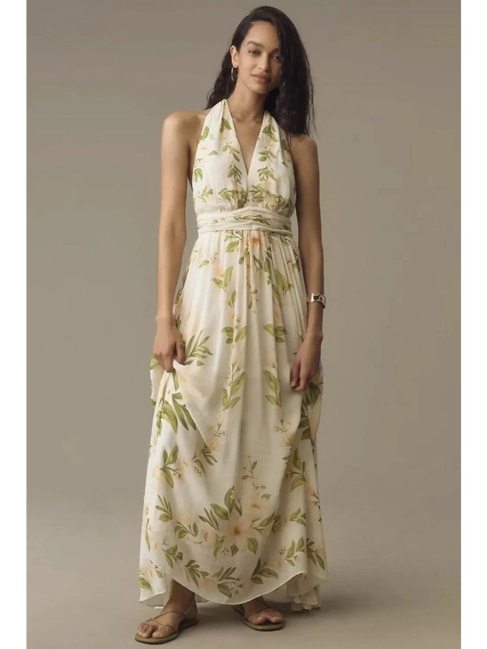 Anthropologie by Farm Rio V-Neck Floral Chiffon Maxi Dress sz M $258 Halter